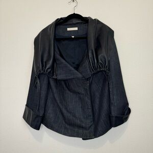 Lorain Croft Navy Blue Oversized Denim/Leather Bomber Jacket Size Small